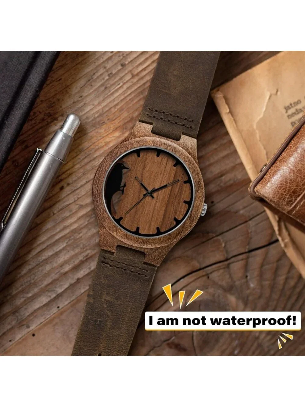 Men's Brown Analog Quartz Handmade Unique Design Leather Strap Wooden Watch